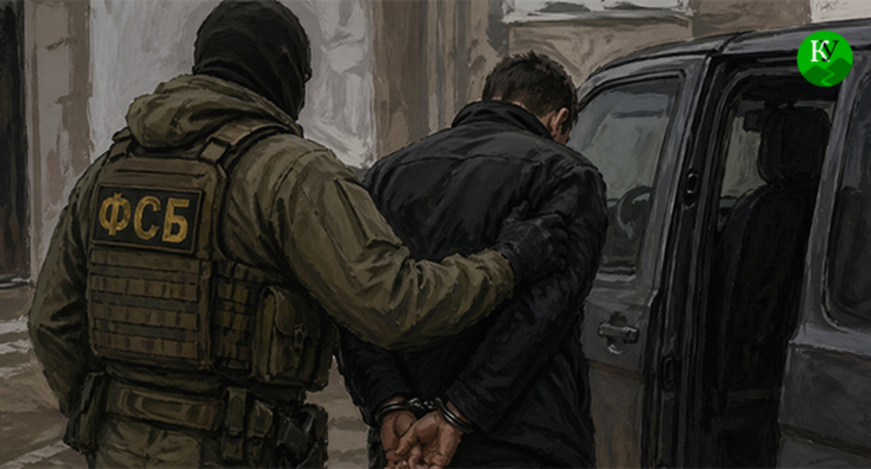 Сотрудник ФСБ задерживает мужчину. Иллюстрация создана "Кавказским узлом" при помощи ИИ в программе Copilot Сотрудник ФСБ задерживает мужчину. Иллюстрация создана "Кавказским узлом" при помощи ИИ в программе Copilot