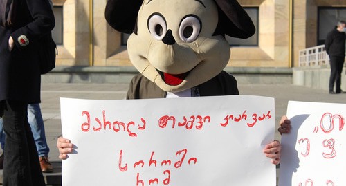 Участники митинга в Тбилиси. На плакате: "Я - не мышь, чтобы меня заперли в норке". Фото Инны Кукуджановой для "Кавказского узла"