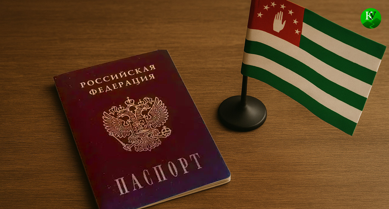 Паспорт РФ и флаг Абхазии. Иллюстрация создана «Кавказским узлом» с помощью ИИ в программе Copilot Паспорт РФ и флаг Абхазии. Иллюстрация создана «Кавказским узлом» с помощью ИИ в программе Copilot