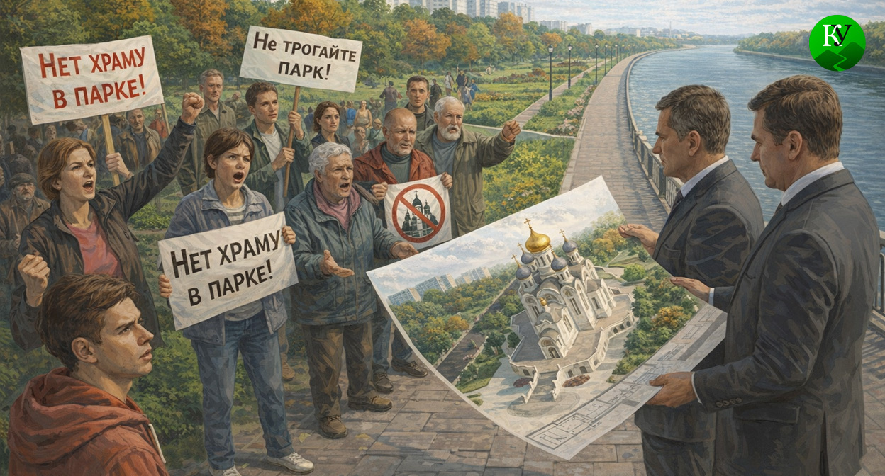 Протест против строительства храма. Иллюстрация создана «Кавказским узлом» с помощью ИИ в программе Copilot Протест против строительства храма. Иллюстрация создана «Кавказским узлом» с помощью ИИ в программе Copilot