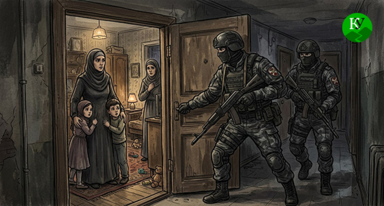 Сотрудники силовых структур заходят в квартиру. Иллюстрация создана "Кавказским узлом" при помощи ИИ в программе Copilot Сотрудники силовых структур заходят в квартиру. Иллюстрация создана "Кавказским узлом" при помощи ИИ в программе Copilot