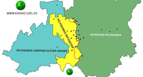 Карта с обозначением границы между Чечней и Ингушетией в соответствии с соглашением об обмене территориями.